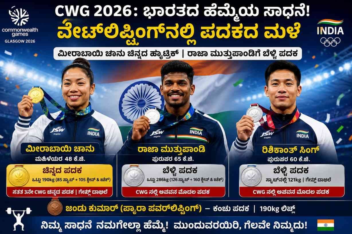 CWG 2026: ಮೀರಾಬಾಯಿ ಚಾನು ಚಿನ್ನದ ಹ್ಯಾಟ್ರಿಕ್, ರಾಜಾ ಮುತ್ತುಪಾಂಡಿ ಬೆಳ್ಳಿ; ವೇಟ್‌ಲಿಫ್ಟಿಂಗ್‌ನಲ್ಲಿ ಭಾರತದ ಐತಿಹಾಸಿಕ ಸಾಧನೆ