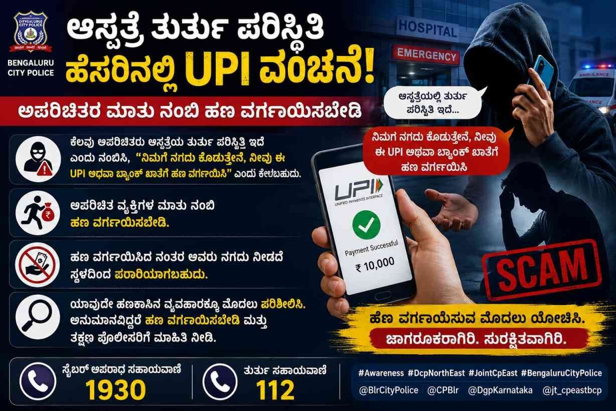 ಆಸ್ಪತ್ರೆ ತುರ್ತು ಪರಿಸ್ಥಿತಿ ಹೆಸರಿನಲ್ಲಿ UPI ವಂಚನೆ? ಅಪರಿಚಿತರ ಮಾತು ನಂಬಿ ಹಣ ವರ್ಗಾಯಿಸಬೇಡಿ: ಬೆಂಗಳೂರು ಪೊಲೀಸರ ಎಚ್ಚರಿಕೆ
