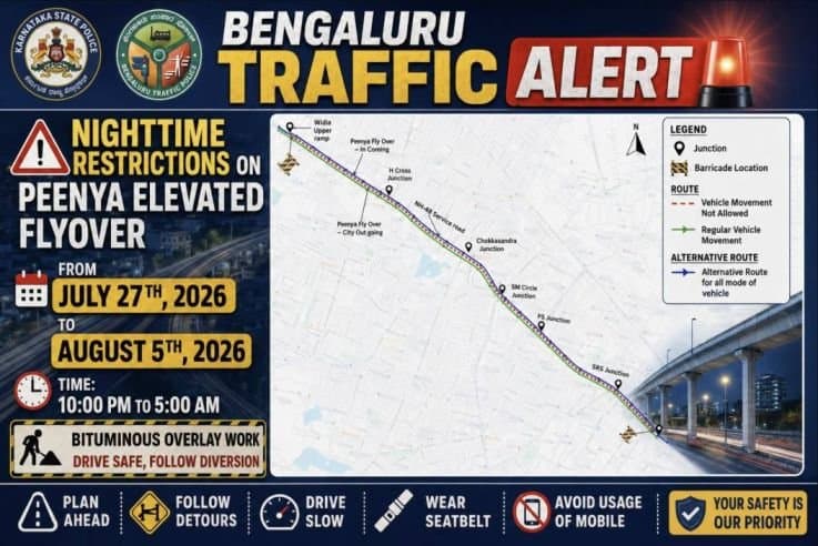 ವಾಹನ ಸವಾರರ ಗಮನಕ್ಕೆ: ಪೀಣ್ಯ ಮೇಲ್ಸೇತುವೆ ರಾತ್ರಿ ವೇಳೆ ಬಂದ್! ಪರ್ಯಾಯ ಮಾರ್ಗದ ಪೂರ್ಣ ವಿವರ ಇಲ್ಲಿದೆ.